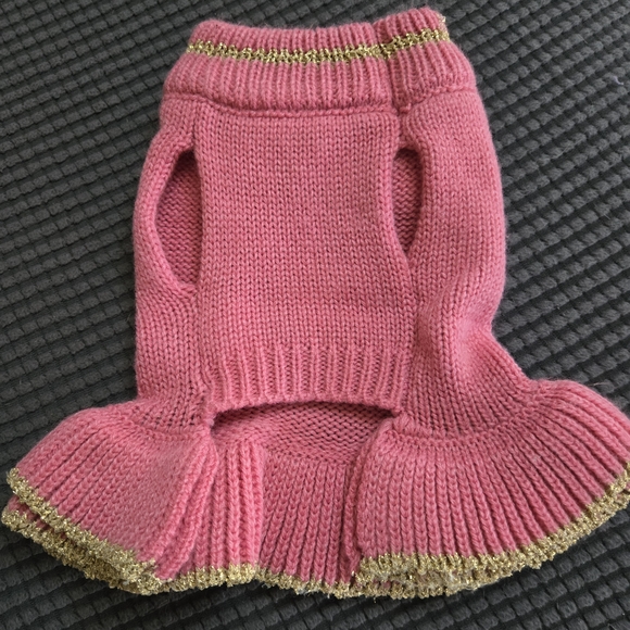 Pink Knit Dog Sweater with Gold Trim - Picture 2 of 3